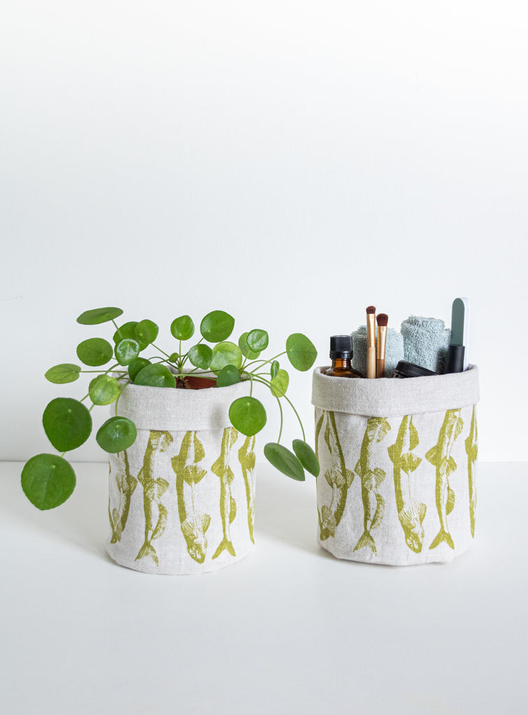 Panier Motif Capelans vert en lin