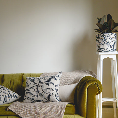 Coussin en lin Motif Capelans bleu marine